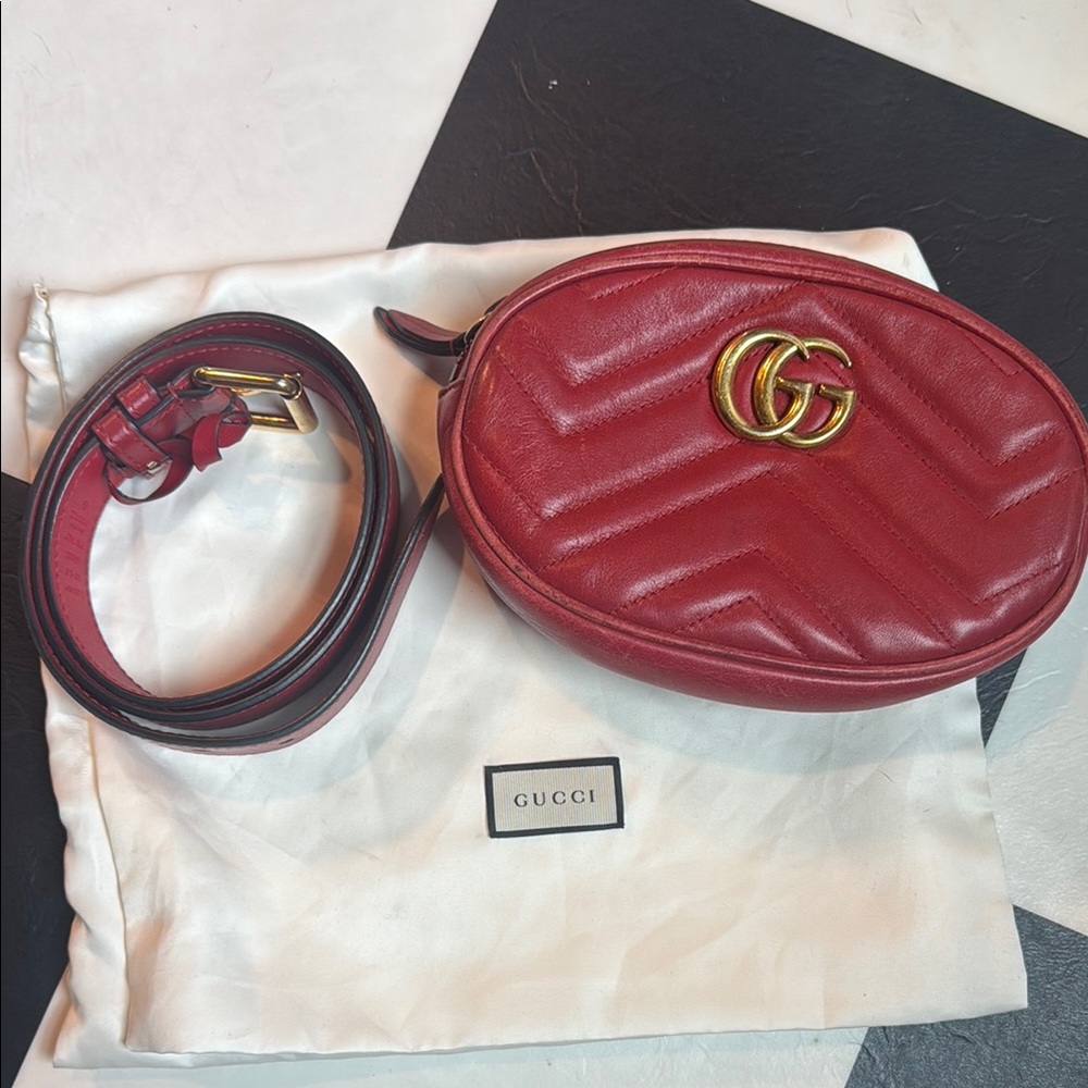 Gucci Red and Gold Belt Bag with Chevron Quilting